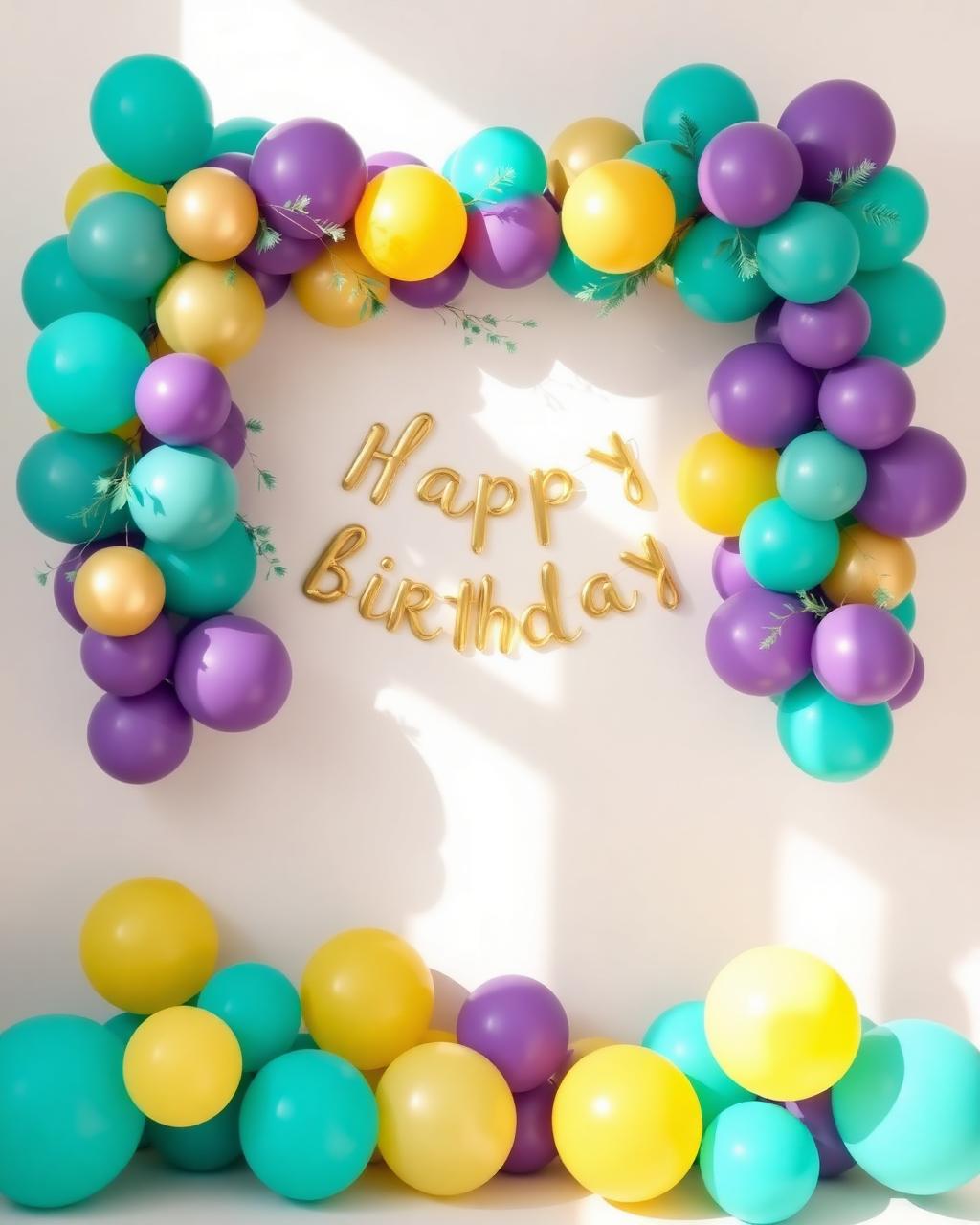 Decoración cumpleaños con globos turquesa morado y amarillo