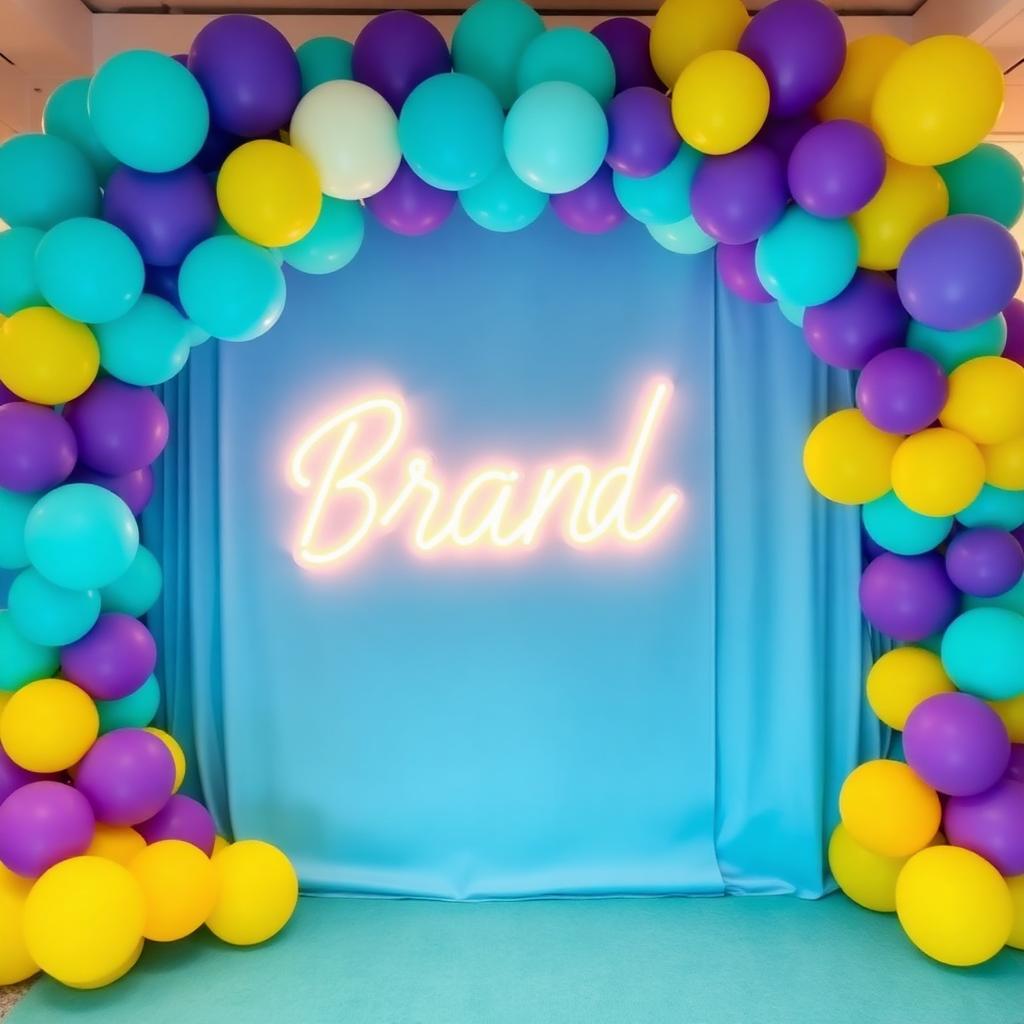 Backdrop con neón y arco de globos vibrantes