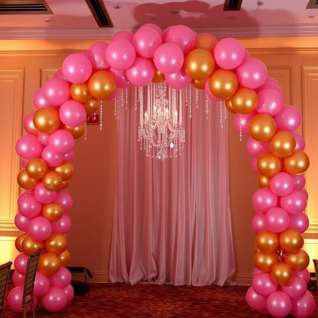 Arco de globos rosa y dorado para quinceañera con candelabro de cristal