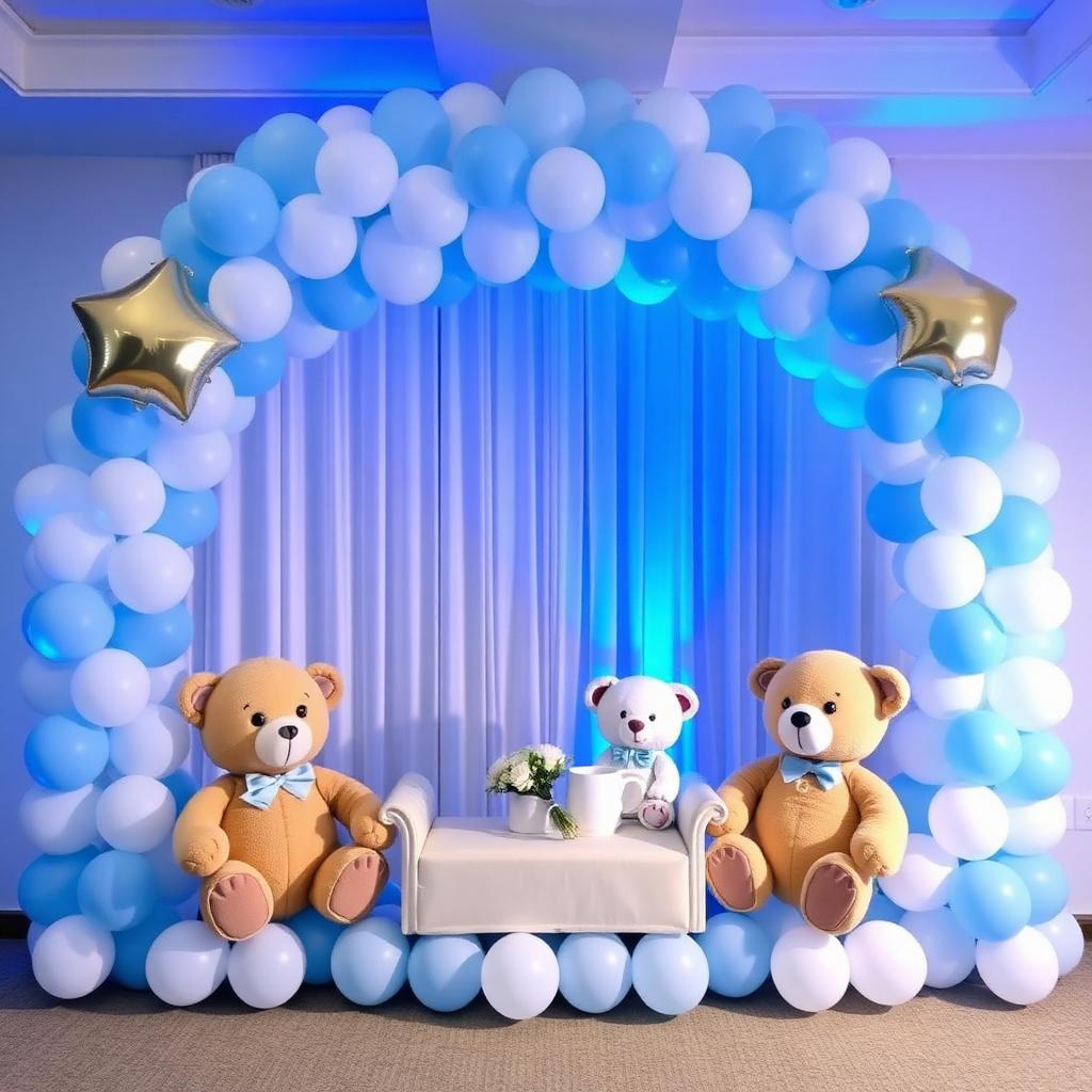 Baby shower de niño con globos azul pastel y ositos de peluche