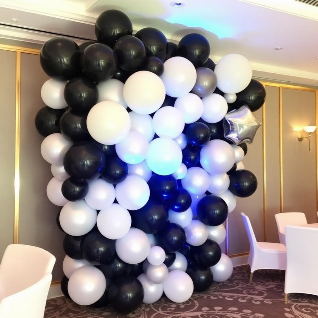 Pared de globos negros, blancos y plateados para evento corporativo