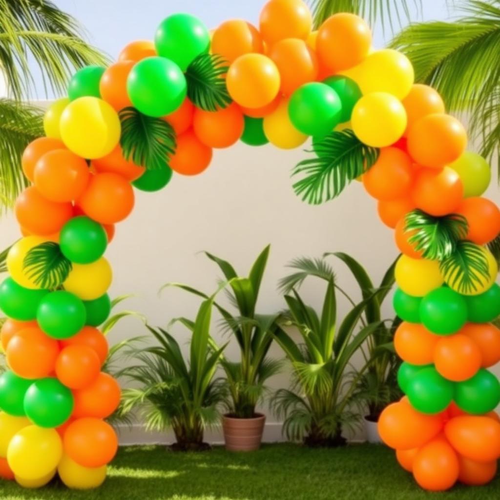 Arco tropical de globos verdes, naranjas y amarillos con hojas de palma
