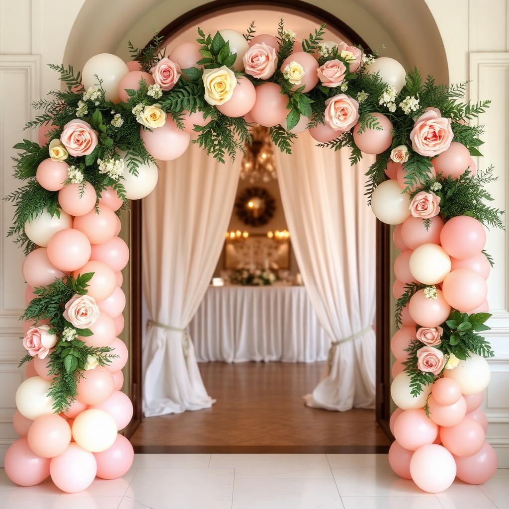 Arco de globos rosa con flores y follaje para boda elegante