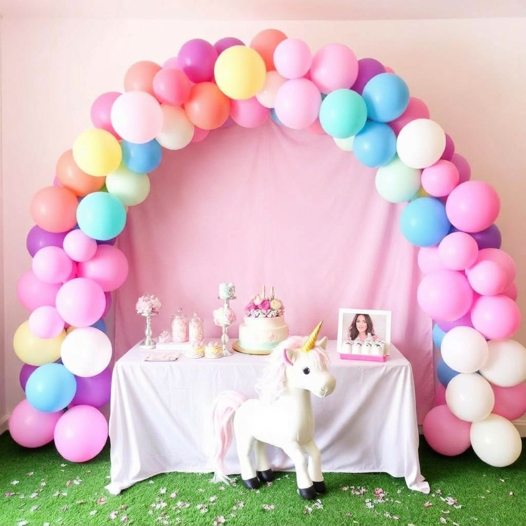 Decoración de cumpleaños temática unicornio con globos pastel arcoíris
